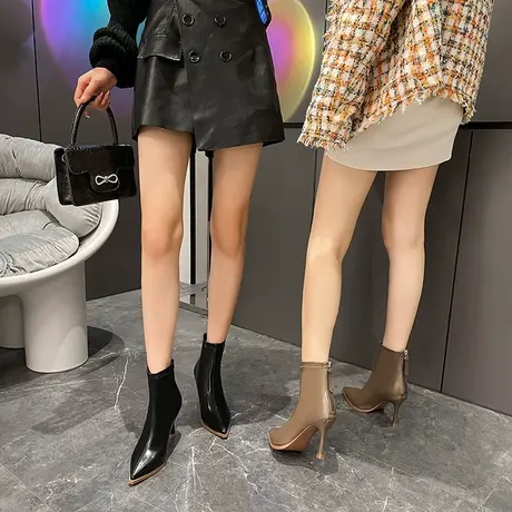 尖头气质马丁靴女细跟2022年冬季新款性感百搭短筒高跟瘦瘦靴黑色商品大图
