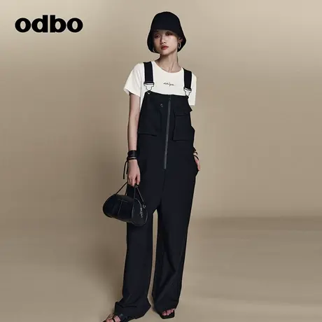 odbo 潮牌黑色工装连体裤女高级感直筒休闲裤2023春装新款背带裤图片