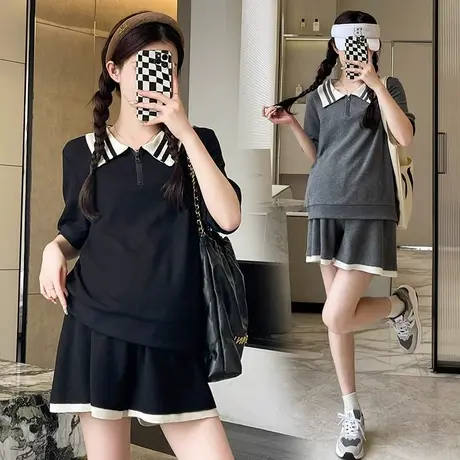 大码女夏装微胖妹妹显瘦遮肉套装运动Polo领上衣短裤两件套200斤商品大图