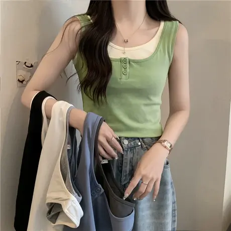假两件吊带背心女夏季韩版修身设计感小众内搭外穿无袖上衣潮ins图片