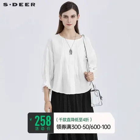 sdeer圣迪奥夏装圆领抽褶花边拼接上衣女长袖白色衬衫S21260501商品大图