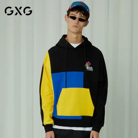 【特价】GXG男装 春季黑色撞色休闲卫衣连帽帽衫潮GY131273E图片