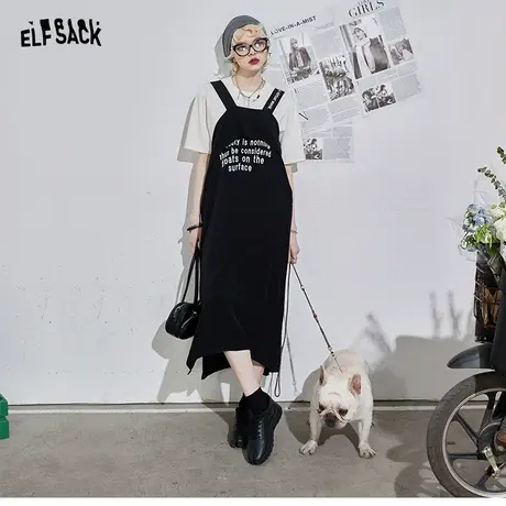 【新款】妖精的口袋字母黑色背带裙女2022年春季显瘦小黑裙ins潮图片