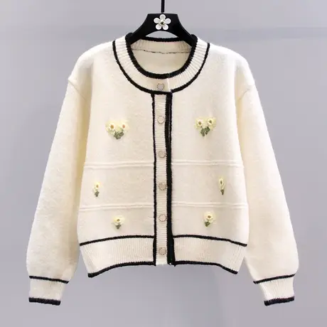 小香风花朵毛衣外套女2023秋冬新款宽松温柔风日系甜美针织开衫商品大图