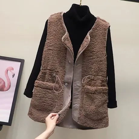 羊羔毛马甲女中长款2023新款韩版宽松收腰抽绳马夹羊绒坎肩外套冬商品大图