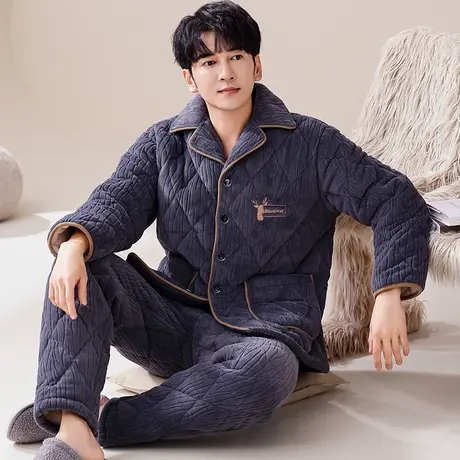 睡衣男秋冬季珊瑚绒加绒加厚三层夹棉法兰绒套装家居服套装可外穿商品大图