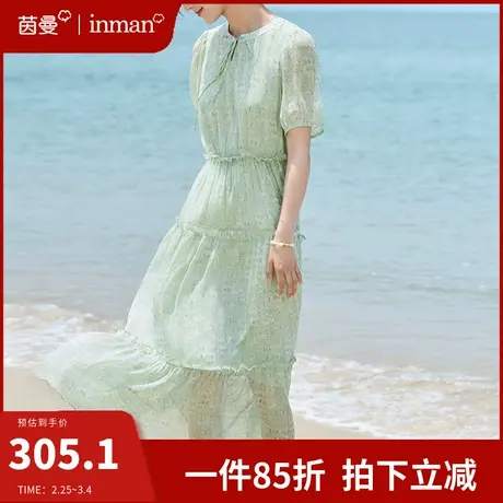 茵曼旗舰店法式复古碎花连衣裙女2024夏季新款泡泡袖雪纺裙中长裙图片