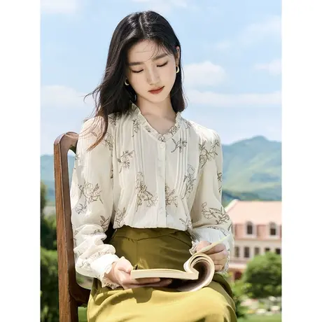 茵曼温柔全棉刺绣衬衣2023秋女装新款荷叶V领泡泡袖宽松显瘦上衣图片