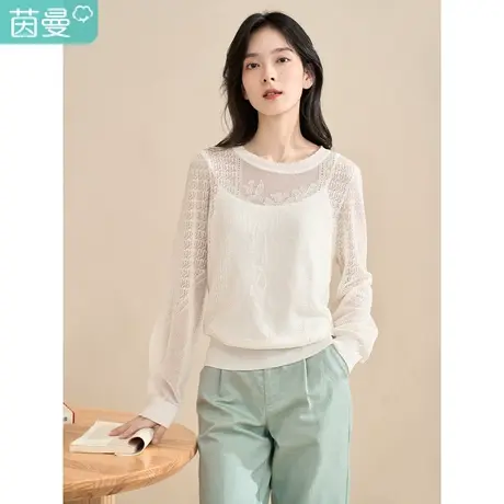 【商场同款】茵曼2023春季女装新款时尚镂空设计圆领宽松长袖毛衣图片