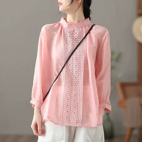 dza 复古薄款高端苎麻上衣女士衬衫夏季2022新款漂亮气质棉麻衬衣图片