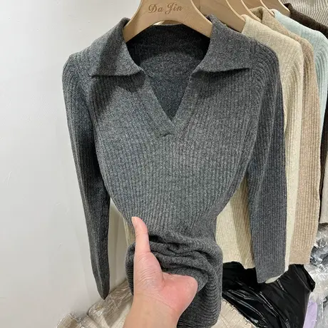 软糯磨毛坑条翻领长袖针织衫女上衣2022秋冬新款洋气打底衫毛衣潮商品大图