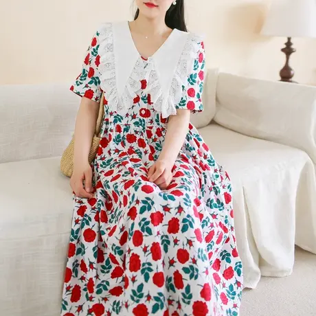 胖妹妹夏季2023新品撞色大翻领连衣裙加大码棉质短袖小玫瑰印花裙图片