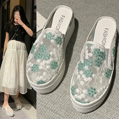 内增高厚底包头半拖鞋女夏季外穿蕾丝网面渔夫鞋子配裙子旗袍凉拖商品大图