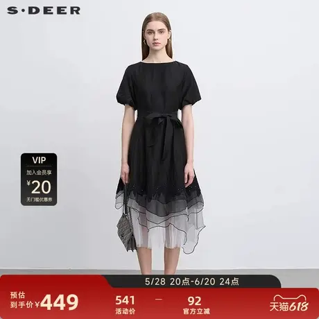 sdeer圣迪奥25年新品女装圆领收腰绣花不规则短袖连衣裙S252Z1201图片