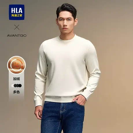 HLA/海澜之家轻商务直筒长袖针织衫24秋冬新款加绒圆领套头上衣男商品大图