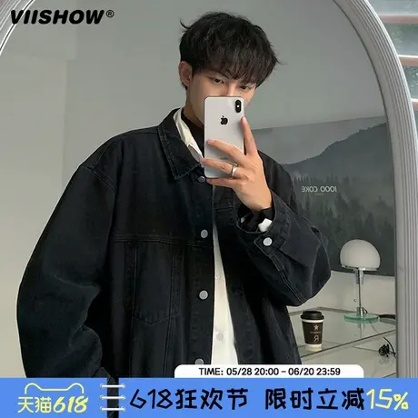 VIISHOW黑色牛仔外套男秋季复古翻领工装夹克ins潮牌潮牌休闲上衣商品大图