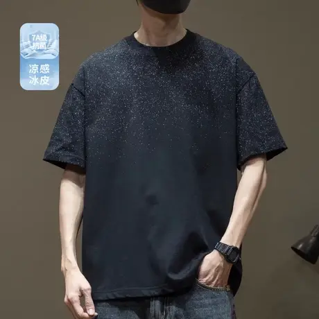 凉感抗菌满天星短袖T恤男黑色2025夏季新款宽松大码男士体恤纯棉商品大图