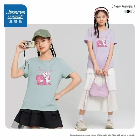 DE真维斯女装 2023夏新款黑色休闲时尚打底衫纯棉圆领印花短袖T恤商品大图
