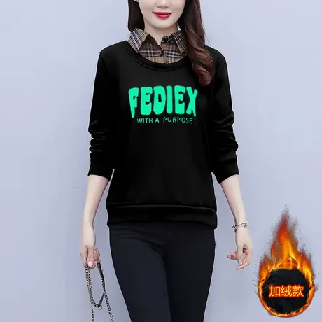 2023年秋冬新款加厚加绒长袖卫衣女字母印花百搭时尚假两件打底衫商品大图