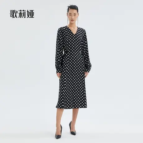 歌莉娅春秋新款16.5姆米全真丝高级感显瘦长袖V领连衣裙123L4K0T0图片