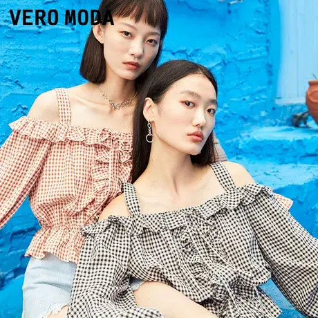 Vero Moda奥莱夏季清仓甜美法式时尚田园格纹露肩吊带绑带上衣女图片