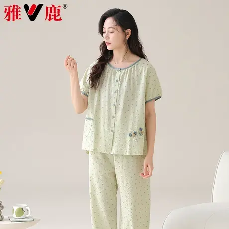 雅鹿纯棉睡衣女经典格子可外穿套装2025夏季薄款七分袖八分裤套装商品大图