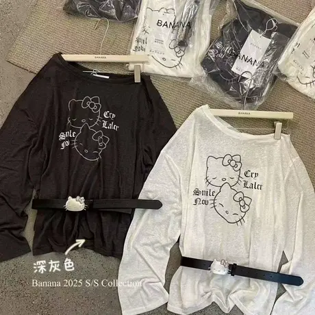 2025夏季韩版时尚洋气趣味猫咪印花斜肩长袖T恤女宽松慵懒上衣商品大图