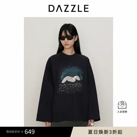 DAZZLE地素奥莱 T恤秋季女装雅丹风印花刺绣T恤长袖上衣图片