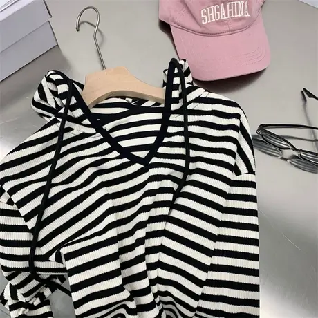 韩版宽松慵懒风连帽条纹t恤女早秋新款百搭显瘦针织罩衫V领上衣服商品大图