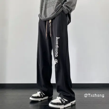 美式休闲长裤男春秋季宽松垂感直筒卫裤潮牌发泡印花阔腿运动裤子商品大图