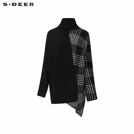 【商场同款】sdeer圣迪奥女装高领格纹拼接不规则针织衫S24383505图片