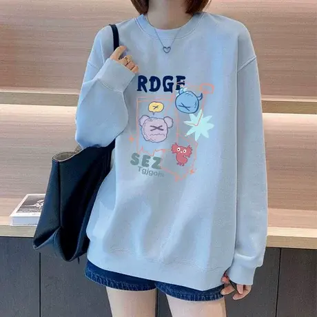 蓝色圆领卫衣女士2025新款爆款时尚洋气欧货宽松印花流行加厚上衣商品大图