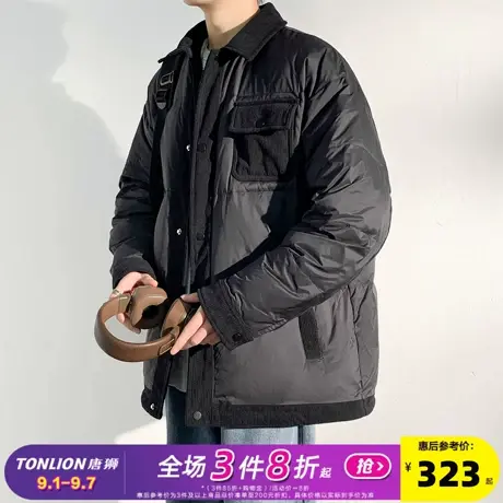 唐狮2024冬季新款男羽绒服复古灯芯绒拼接翻领商务休闲厚外套保暖图片