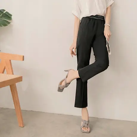 桔熊夏季通勤中缝裤子女松紧高腰开衩修身直筒裤胖妹妹大码BA6759图片