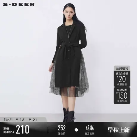 sdeer圣迪奥秋装西装领单排扣收腰网纱拼接长款风衣S21381812商品大图