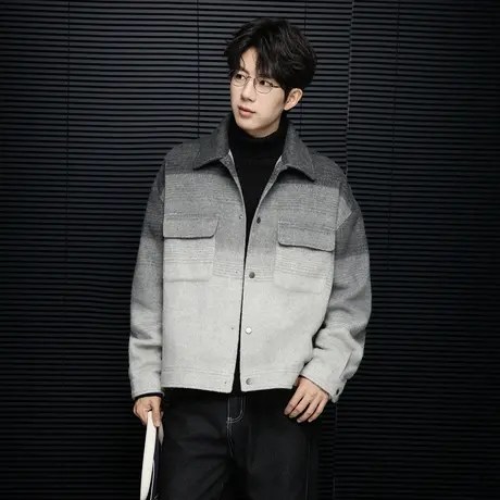 唐狮秋冬季男毛呢外套厚外套保暖翻领渐变夹克潮酷百搭时尚TUTA图片