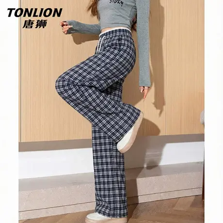 唐狮官方格纹阔腿裤女夏季2026新款女士高腰显瘦直筒运动阔腿裤VB图片