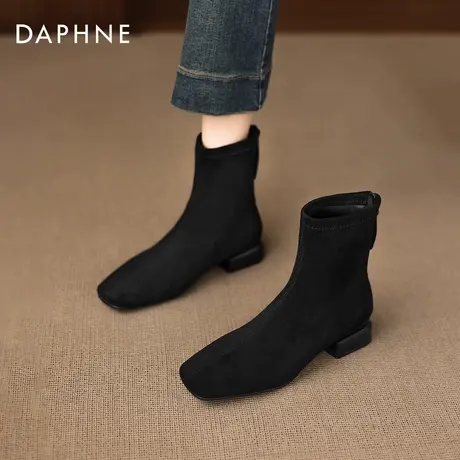达芙妮黑色短靴女2026冬季新款加绒马丁靴瘦瘦靴平底绒面弹力袜靴商品大图