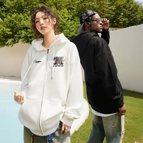 Nuthink美式宽松拉链刺绣连帽开衫情侣卫衣男潮冬季2023新款外套商品大图