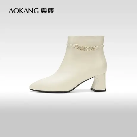 【门店发货】奥康女鞋 2023冬季新款尖头法式粗跟单靴舒适短靴商品大图