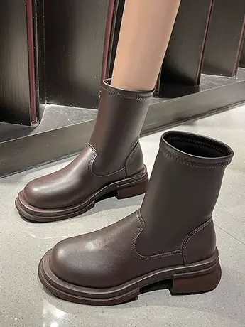 洋气瘦瘦靴女短靴黑色2023秋冬季圆头靴子厚底马丁靴粗跟弹力单靴商品大图