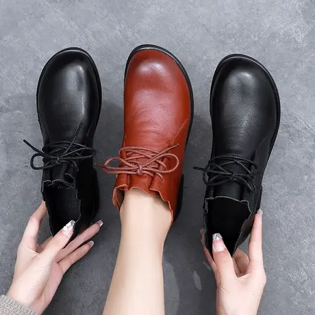 休闲大码女靴41一43秋季平底加绒短靴2023新款真皮软皮软底靴子商品大图