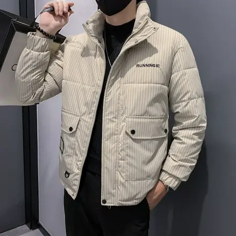 冬季保暖棉服外套男2023新款撞色条纹个性轻熟风立领短款羽绒棉衣图片