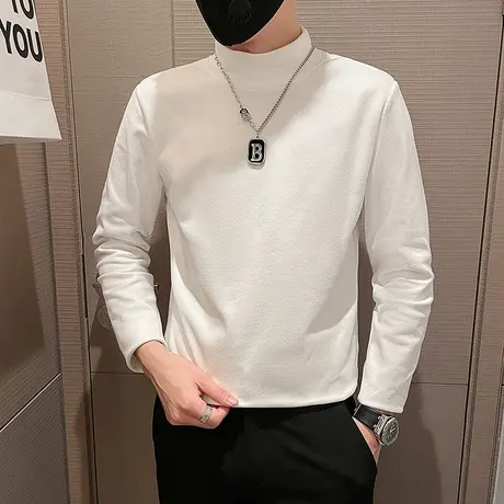男士德绒长袖上衣秋冬纯色半高领打底衫休闲保暖百搭内搭ins体恤商品大图