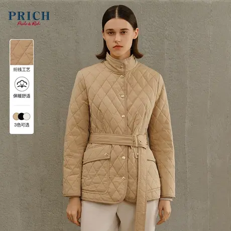 PRICH23冬新款菱格修身腰带设计感立领保暖复古优雅女装棉服外套图片
