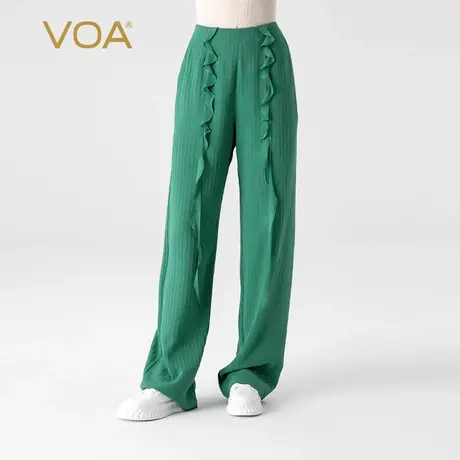 VOA41姆米无界桑蚕丝条纹灰绿自然腰斜插袋荷叶边通勤真丝直筒裤商品大图