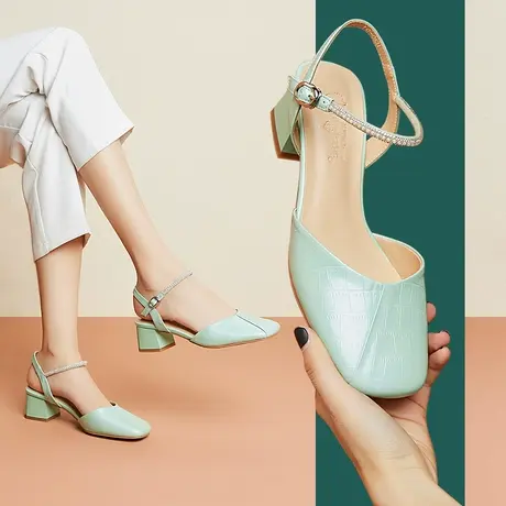 清仓女透气真皮包头凉鞋一字扣珍珠粗跟简约百搭女鞋夏商品大图