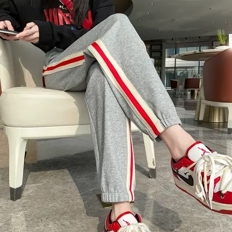 灰色运动裤春秋季休闲九分宽松休闲高腰显瘦韩版侧条纹束脚哈伦裤商品大图