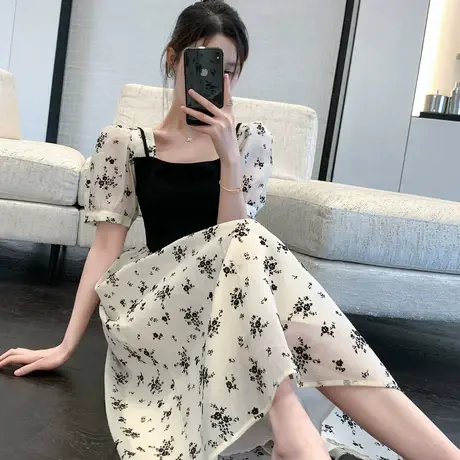 othermix 法式复古碎花连衣裙女夏季收腰小个子裙子图片