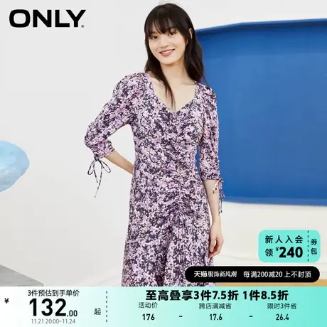 ONLY奥莱夏季碎花方领抽绳系带五分袖中长款连衣裙女图片